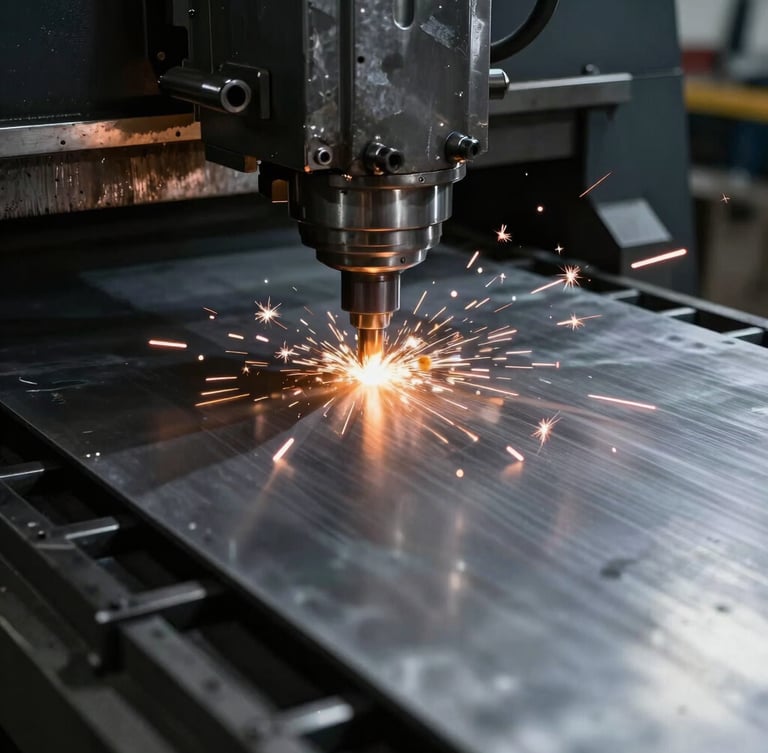 Close-up of a heavy CNC bending press forming a thick steel plate, high-contrast industrial lighting, safety orange sparks, dramatic shadows, 50mm