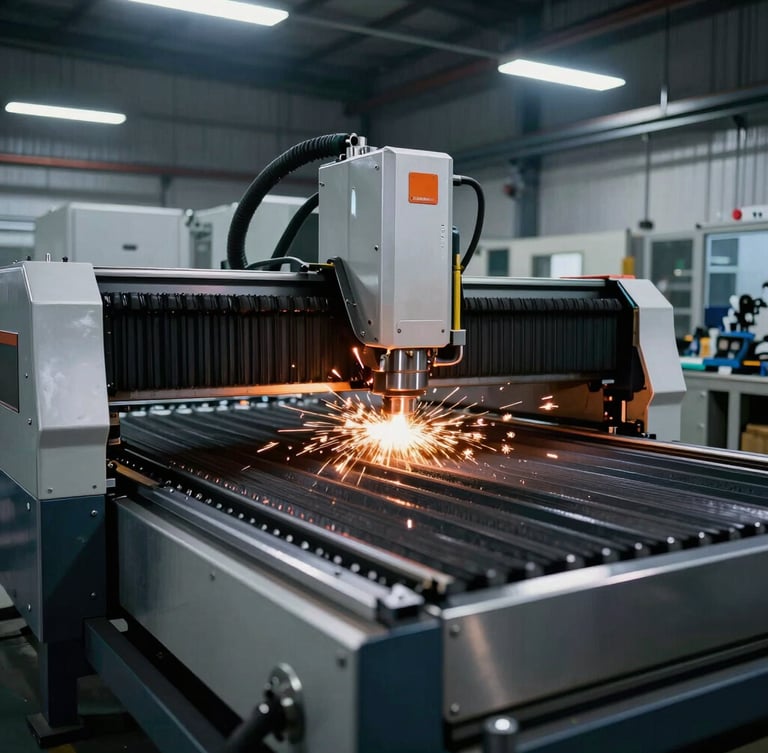 Dramatic industrial photography, wide-angle view of a clean modern metal fabrication workshop, a state-of-the-art CNC laser cutting machine in operation throwing bright orange sparks, cool steel ambient lighting, 50mm.