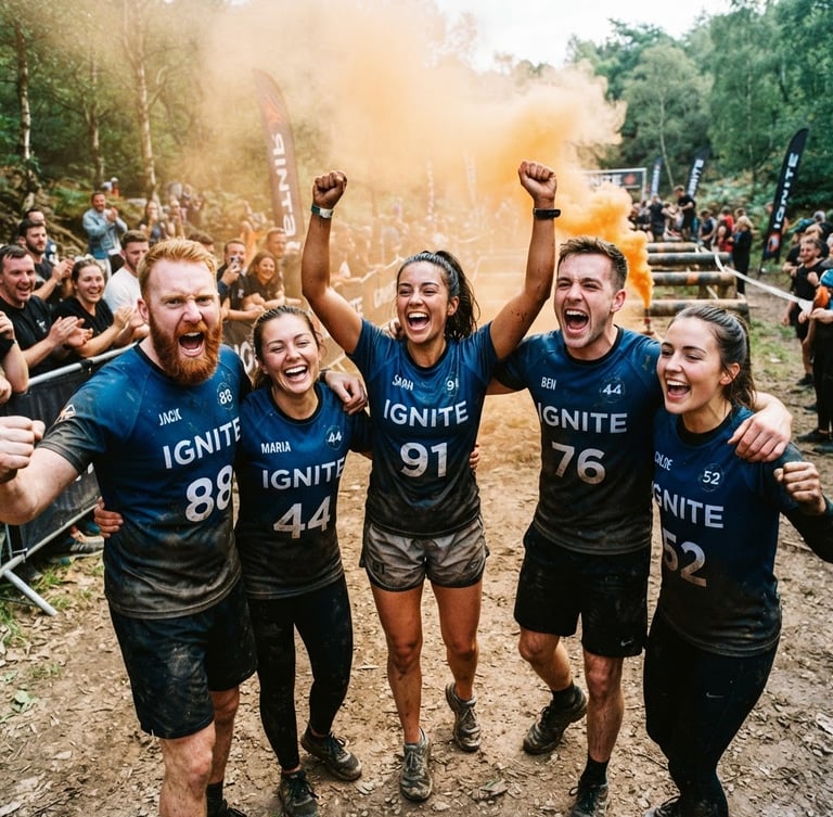 Vibrant action shot of Team Ignite members laughing and cheering during an outdoor challenge, dynamic wide-angle lens, high-contrast natural daylight, warm orange smoke flare in background, 35mm film feel.