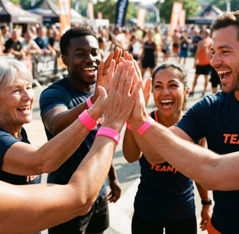 Dynamic close-up of Team Pulse members high-fiving, wearing neon pink wristbands, vibrant action photography, high-contrast natural daylight, 35mm film feel