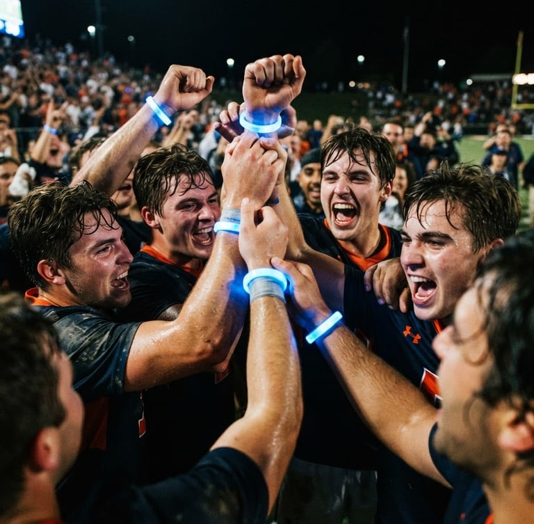Dynamic close-up of a team huddle, high-contrast dramatic lighting, electric blue neon wristbands, energetic expressions, 35mm film feel.