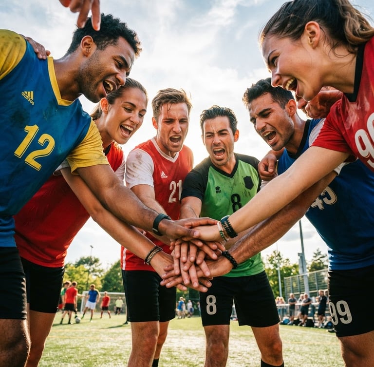 Dynamic low-angle shot of a unified team huddling outdoors, hands stacked in the center, high-contrast natural daylight, energetic saturated colors, 35mm film feel
