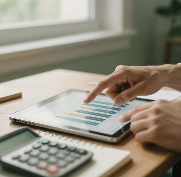 Medium close-up of hands pointing to a clean bar chart on a tablet, with a notebook and calculator in the foreground, soft natural window light, muted forest green and cream tones, shallow depth of field, 35mm