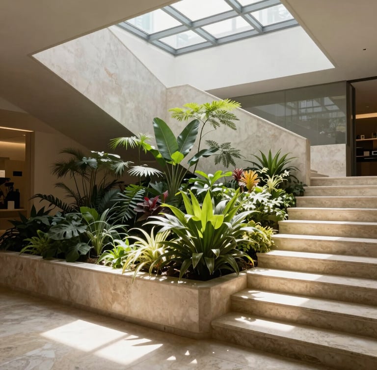 Vertical architectural elevation of an indoor garden bed integrated into a travertine staircase, soft morning light filtering through a skylight