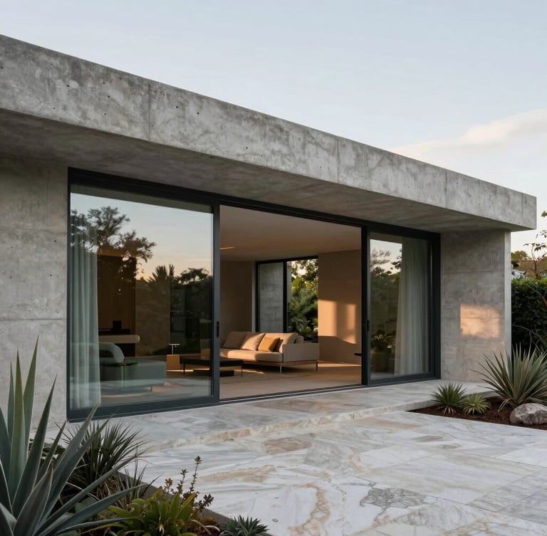 Architectural elevation of a modern concrete villa, floor-to-ceiling glass doors open to a travertine terrace with structural native plantings, soft morning light.