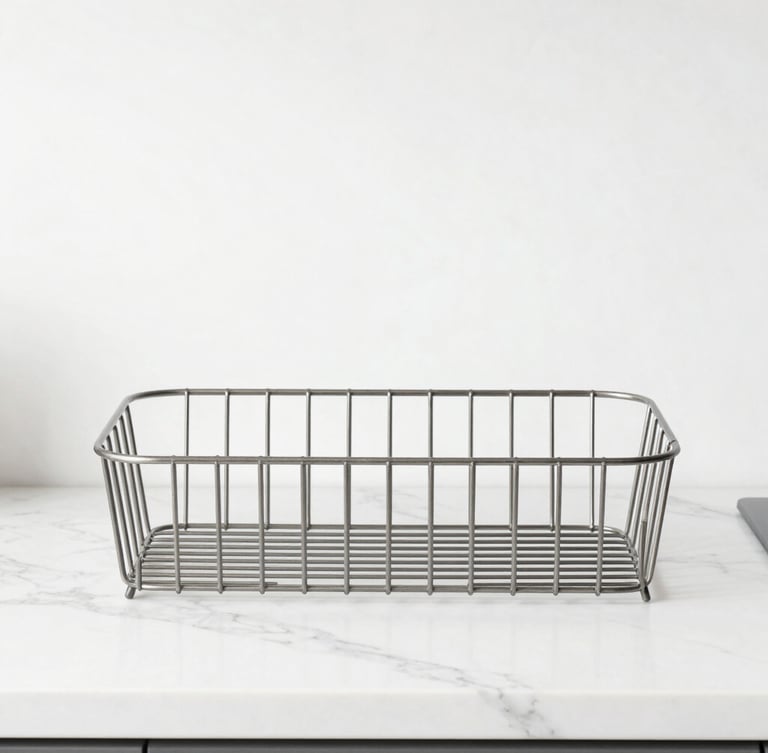 Straight-on clean product photography of desaturated descaled metal kitchen organizers on a white marble counter, bright overcast daylight, sharp focus, desaturated cool tones
