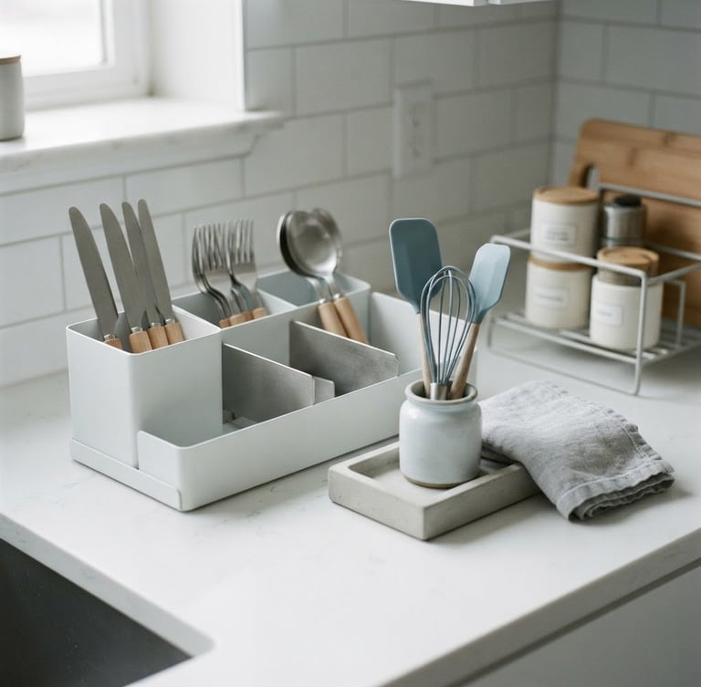 A sharp, close-up shot of architectural kitchen organizers on a clean white countertop, bright overcast daylight, minimalist styling, desaturated cool tones, desaturated blue accents.