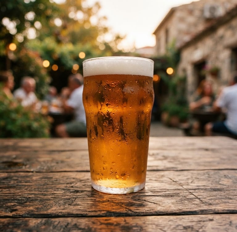 Intimate close-up of a rustic wooden table at Eski Ev Pub, warm amber light glinting off a cold glass of draft beer with condensation, soft focus garden background.