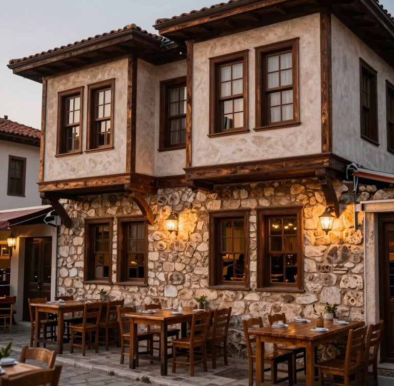 Historic stone and wood facade of the old house pub in Fethiye, warm evening glow, outdoor wooden tables with soft lighting, inviting atmosphere.