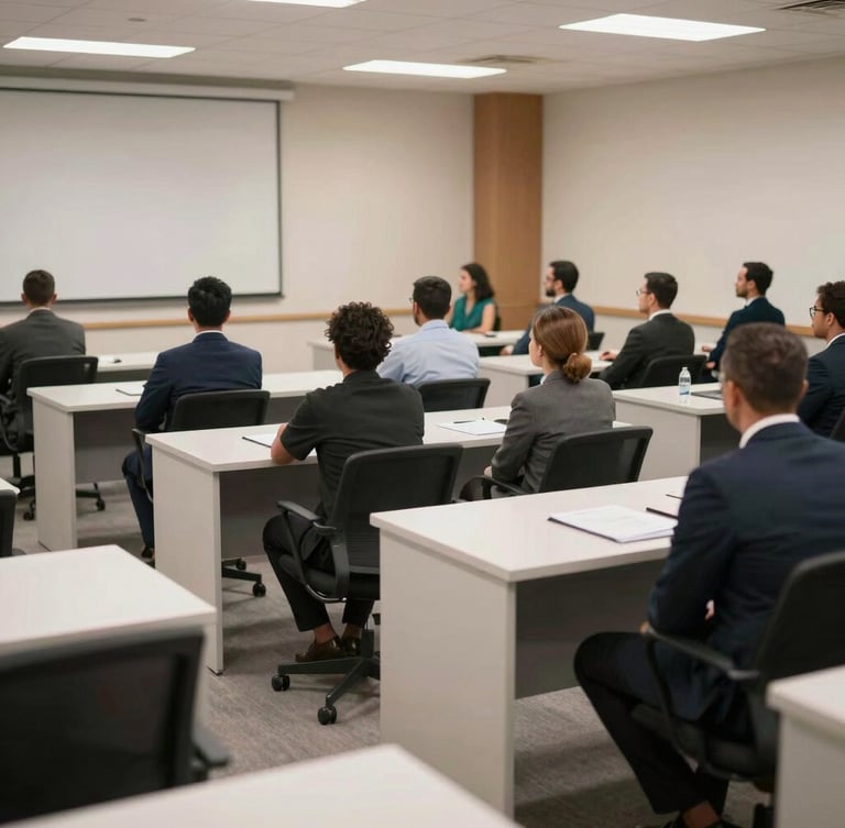 An organized pre-departure orientation briefing room in Colombo, clean modern desks, structured seating, professional atmosphere.