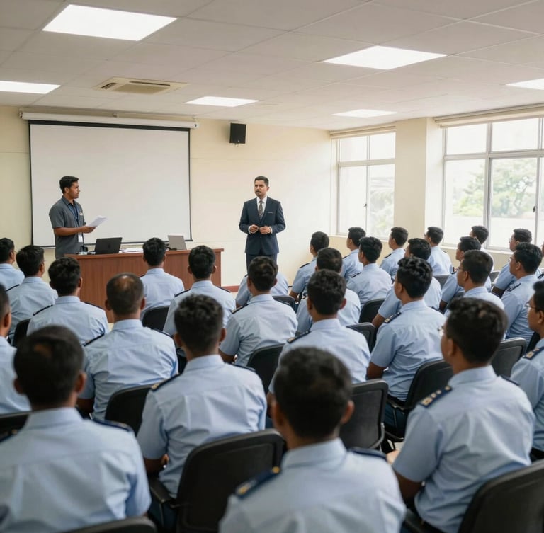 A wide shot of a structured pre-departure orientation briefing room in Colombo, with professional instructors presenting to organized rows of skilled technical workers in clean uniforms, bright natural window light.