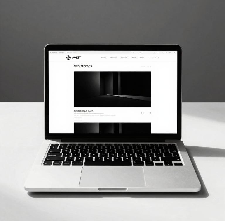 Straight-on flat lay of a sleek laptop displaying a stark black-and-white minimalist website layout, high-contrast studio lighting, sharp shadows