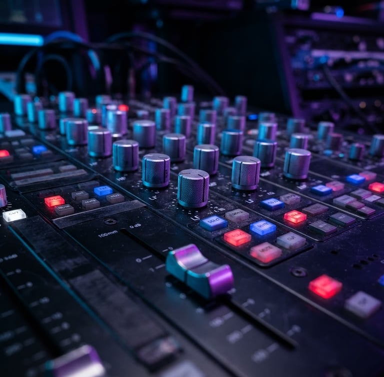 Macro shot of a high-end physical audio mixing console, neon blue and purple rim lights reflecting off metallic knobs, dark studio atmosphere, sharp focus, 50mm lens