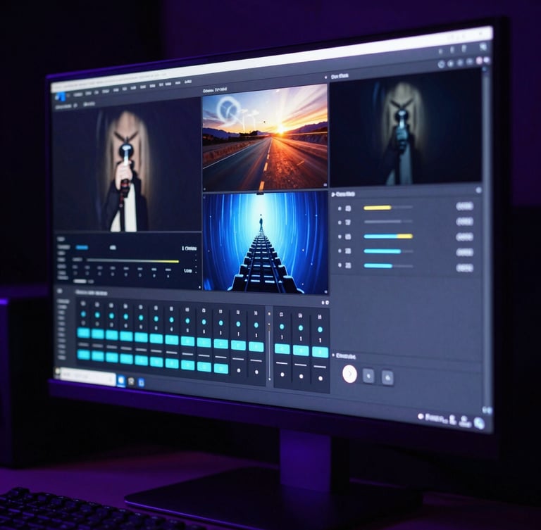 Crisp OBS interface configuration on a high-end monitor, showing complex nested scenes and clean audio routing meters, low-key dramatic lighting.