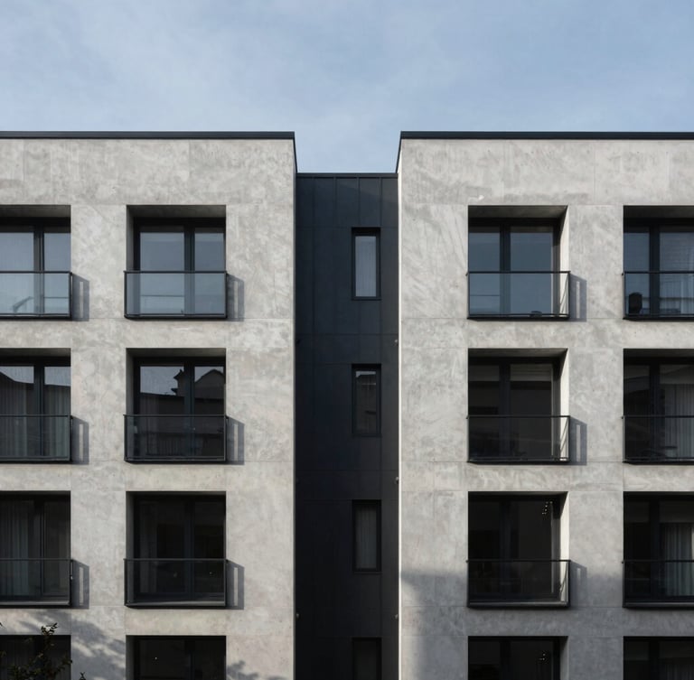 Symmetrical architectural elevation of a contemporary European residential building, sharp morning light, deep shadows, minimalist concrete and steel facade, 35mm