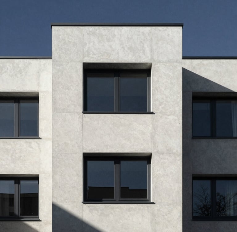 Minimalist architectural elevation of a contemporary European residential building, clean concrete lines, sharp morning shadows, 35mm style