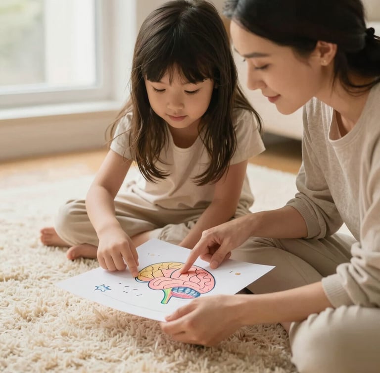 A close-up of a mother and daughter sitting together on a soft cream rug, pointing at a colorful hand-drawn diagram of a brain, soft diffused daylight, warm editorial style