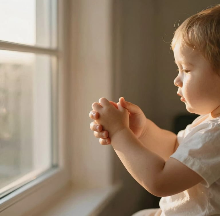 A warm, sun-drenched photo of a mother gently holding her young child's hand near a window, soft golden-hour light, shallow depth of field, 35mm