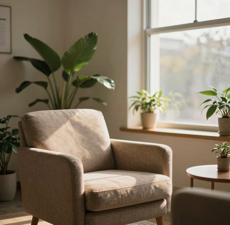 A warm, inviting counseling office with a comfortable armchair, soft green plants, and gentle sunlight streaming through a large window, creating a peaceful atmosphere.