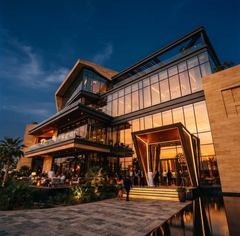 Low-angle architectural exterior of a modern luxury dining venue in Bahrain, warm golden-hour sunlight reflecting off glass and steel, premium 35mm photography