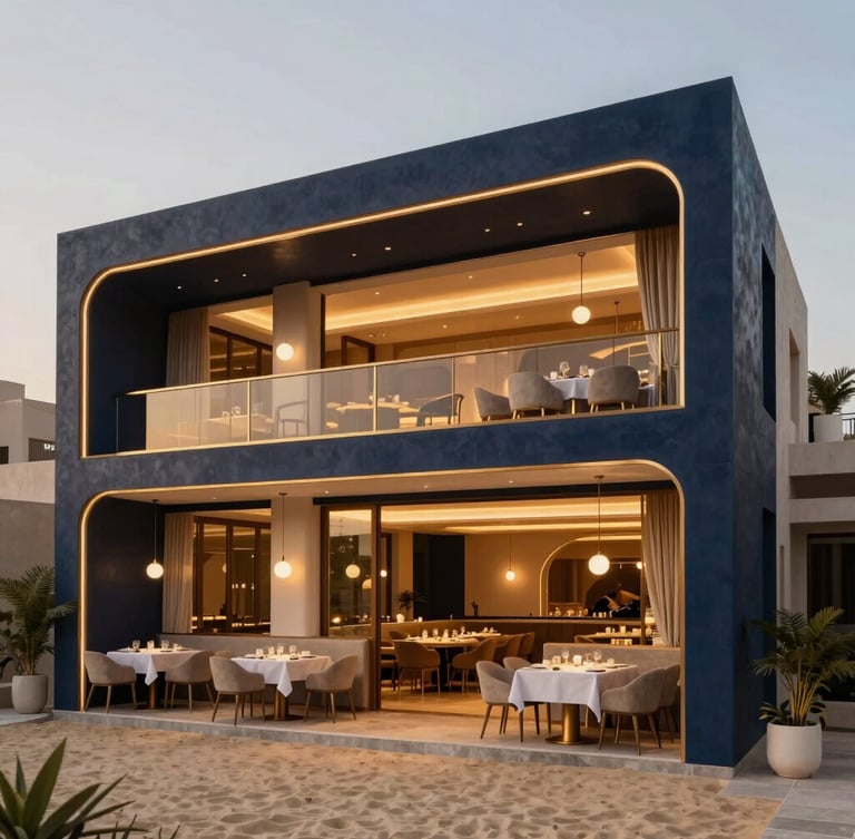 Bespoke interior design of a luxury three-storey restaurant in Adliya, moody architectural lighting, warm champagne gold accents, premium dining setup