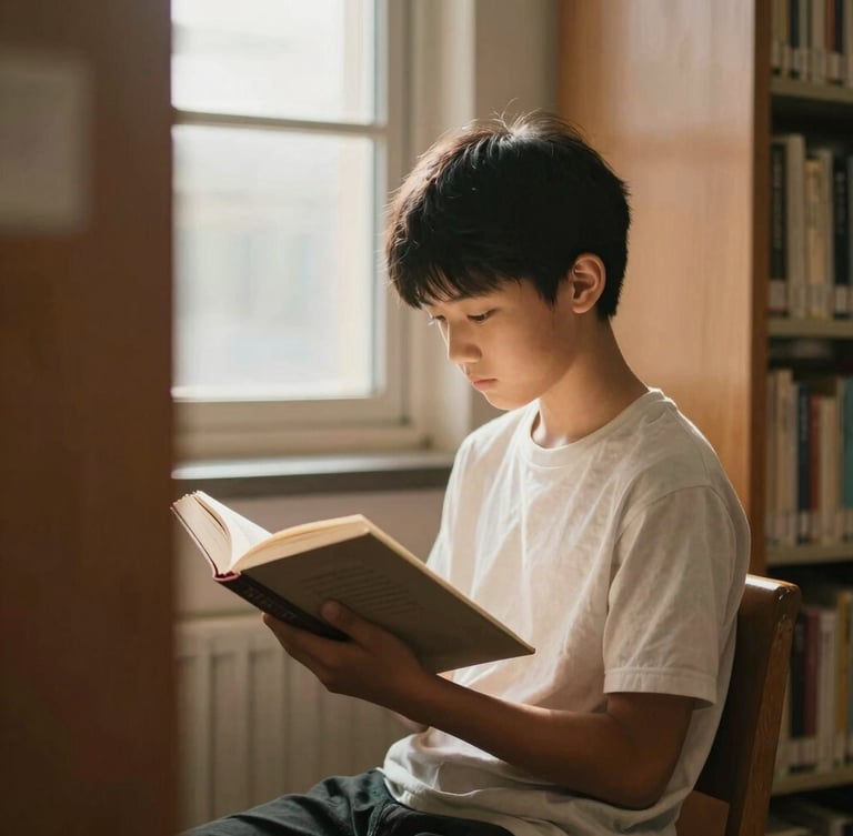 A young student reading a book in a library with soft window light, warm muted earth tones, shallow depth of field, authentic moment.
