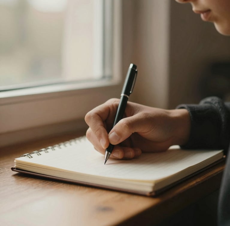 A close-up of a student's hands writing in a notebook near a window with soft, warm natural light, shallow depth of field, rich muted tones.