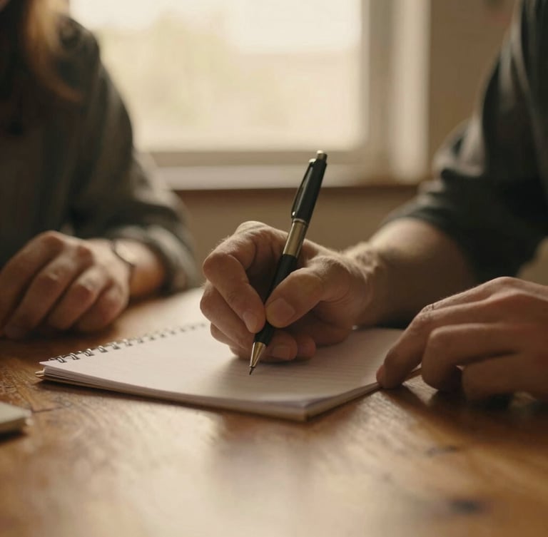 A warm, respectful close-up of hands holding a pen, writing on a wooden table, soft golden-hour window light, shallow depth of field