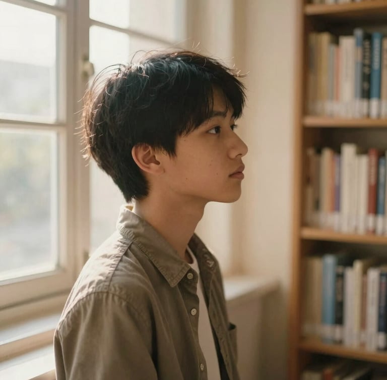 A soft, respectful portrait of a young student looking out a library window, bathed in warm natural light, shallow depth of field, rich muted earth tones
