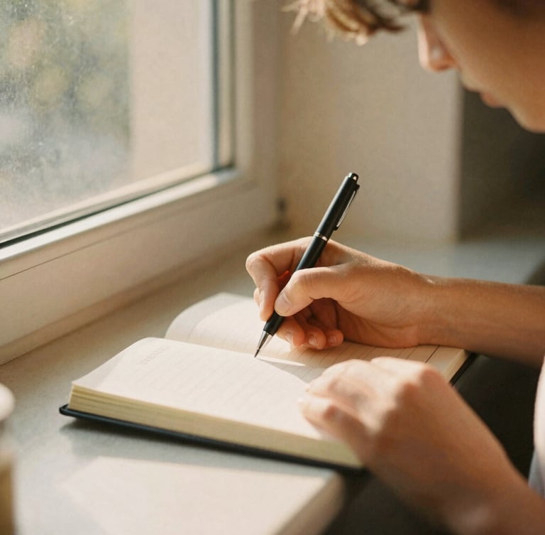 Hands of a student writing in a journal near a sunlit window, warm golden-hour light, soft muted earth tones, 35mm film style.