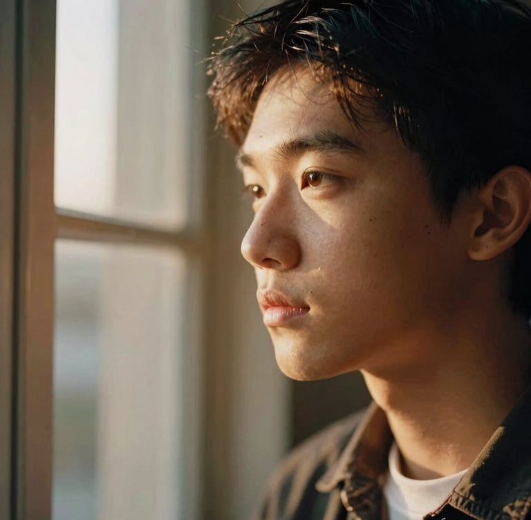 A warm, close-up portrait of a student looking thoughtfully out a window, soft golden-hour light, shallow depth of field, 35mm film style