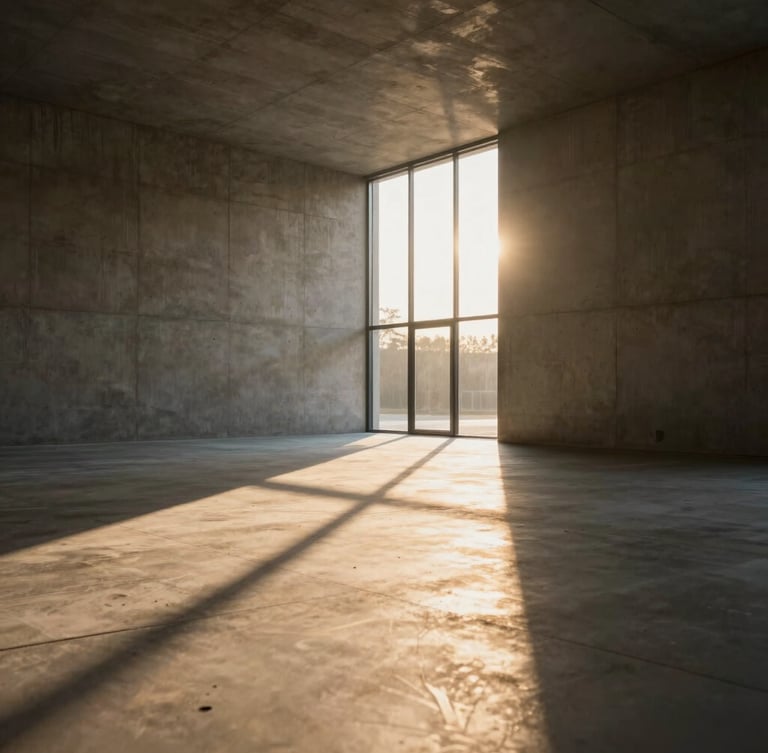 One-point perspective of a raw concrete interior gallery, dramatic low-angle golden hour light streaming through a high window, casting sharp geometric shadows across the floor.