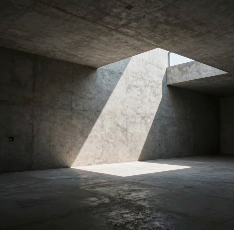 One-point perspective of a minimalist raw concrete atrium, dramatic chiaroscuro lighting with a sharp shaft of sunlight cutting diagonally across the frame, high contrast, silent atmosphere