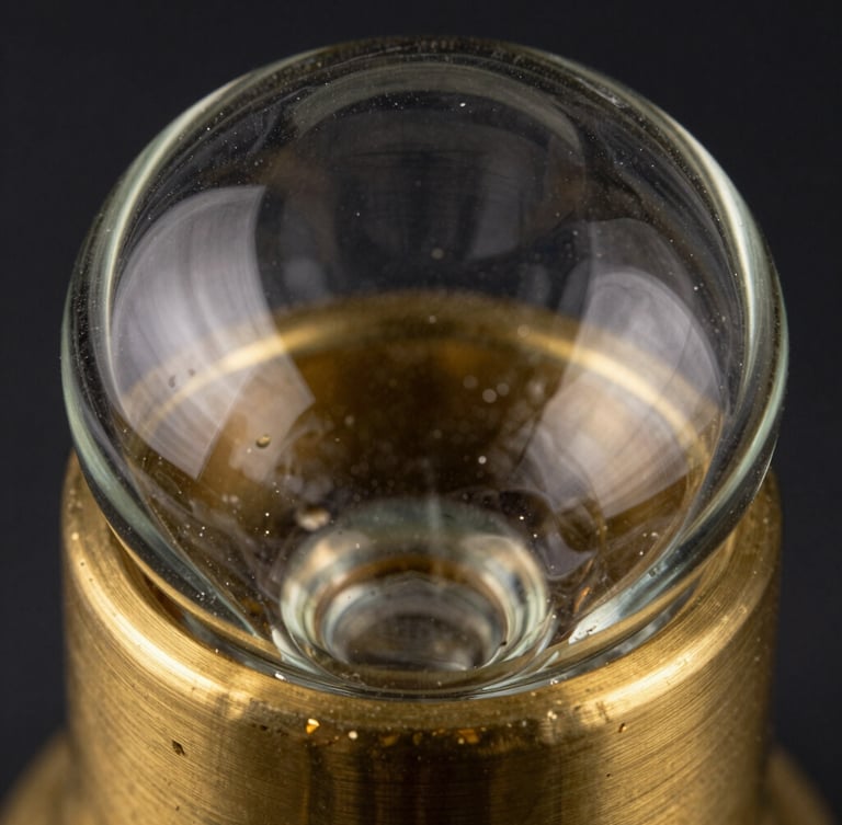 Extreme macro crop of hand-poured glass meeting brushed brass, showing realistic texture grain, refraction of light, and subtle material imperfections, dark moody lighting