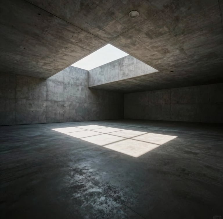 One-point perspective of a minimalist concrete gallery interior, low-angle morning sun casting sharp geometric shadows across the floor, high-contrast chiaroscuro, cinematic framing.