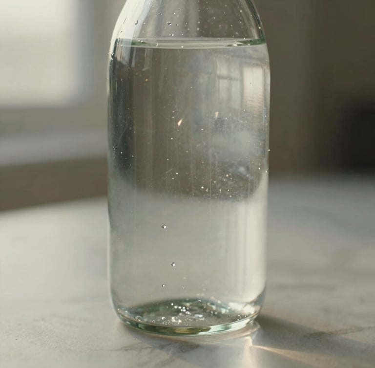 A close-up vertical shot of water refracting morning light through a premium glass bottle on a light marble surface, soft focus background, quiet luxury aesthetic.