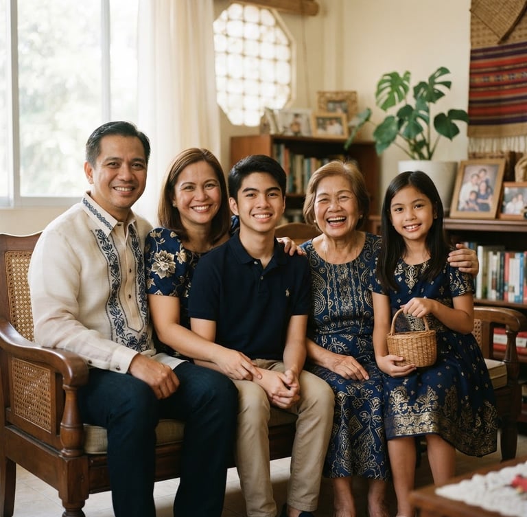 Warm editorial portrait of a Filipino family sitting together in soft natural daylight, smiling, deep navy and gold clothing accents, authentic 35mm photography.