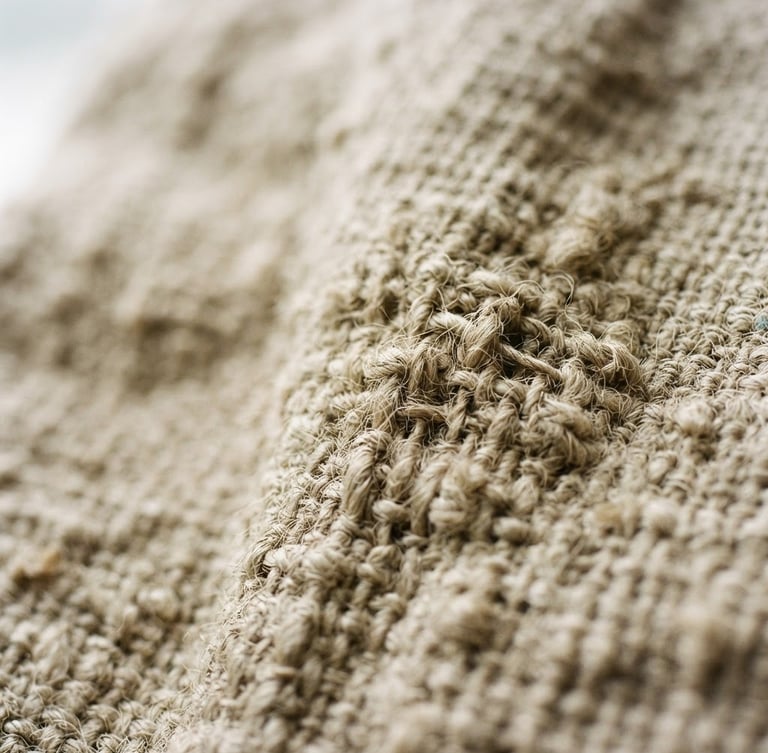 Close-up macro shot of heavy-weight raw Belgian linen with uneven weave structure, soft morning window light, earthy oatmeal tone, shallow depth of field, 35mm