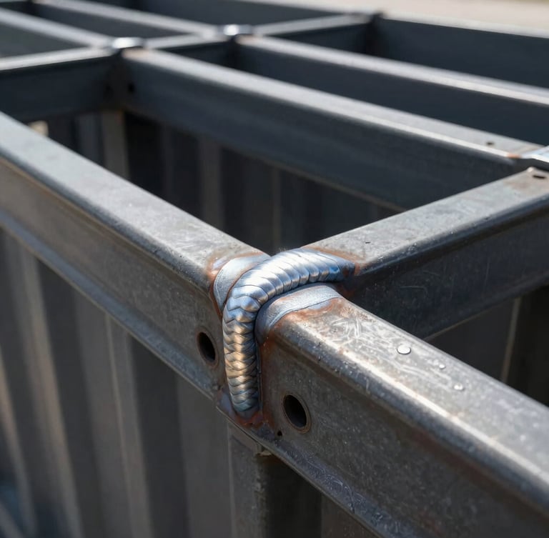 Close-up of heavy-duty steel welds on a pristine charcoal container frame, high-contrast overcast light, sharp macro detail