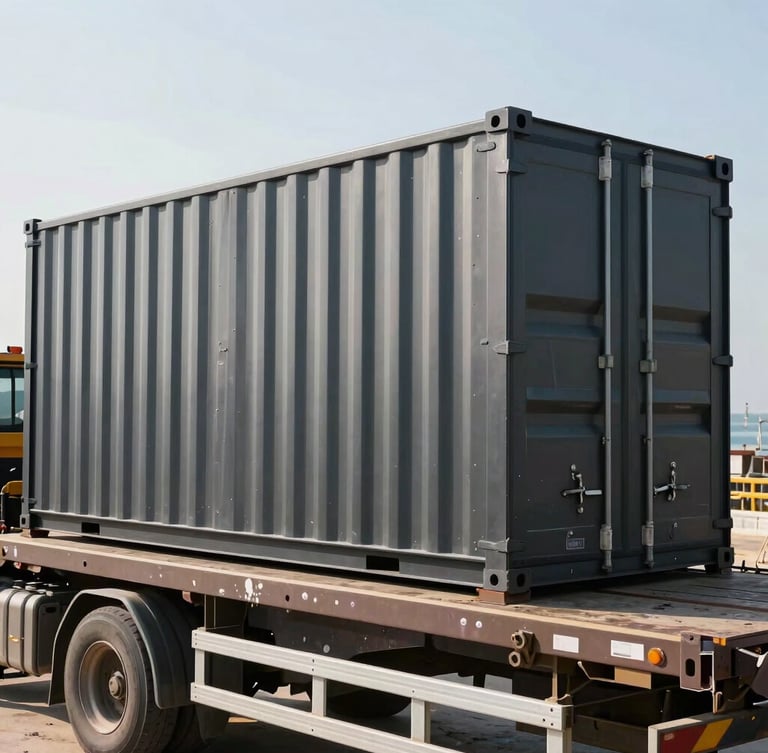 Close-up of industrial flatbed trailer delivering a heavy-duty steel office container to a coastal construction site under high-contrast morning sunlight
