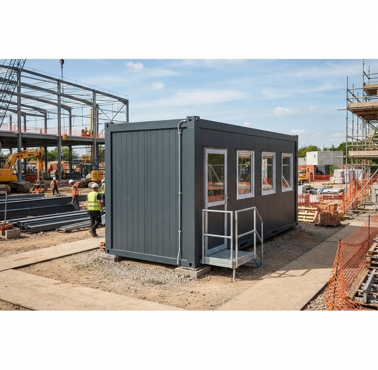 Pristine, newly delivered office container on an active but organized construction site, bright daylight, high-contrast charcoal steel, wide-angle architectural lens, 35mm