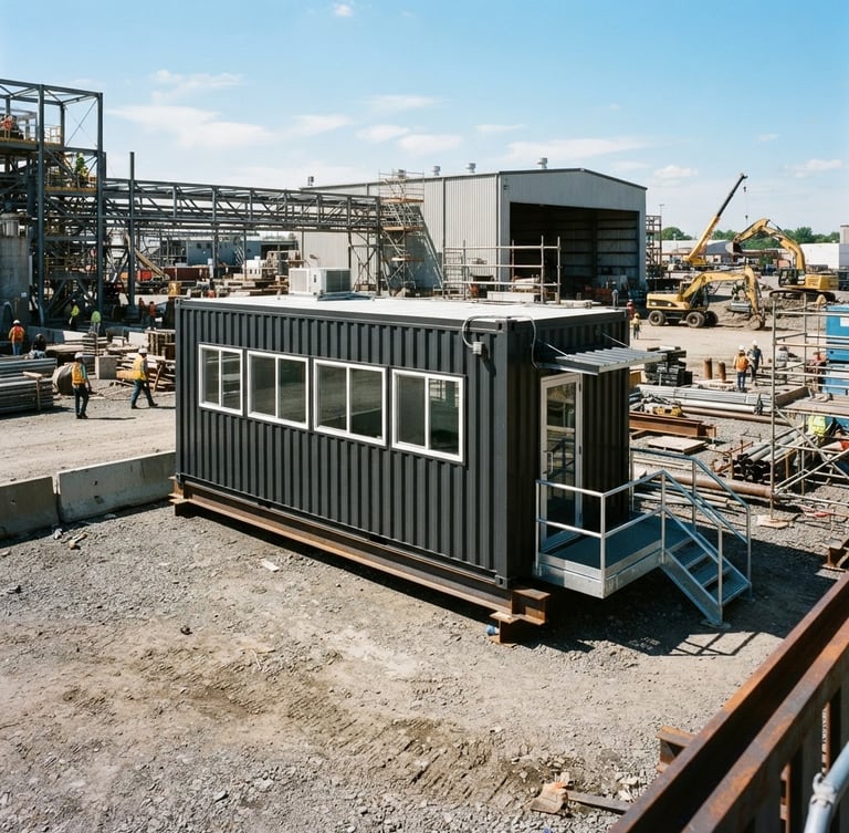 Wide-angle architectural 35mm shot of a newly delivered, pristine custom-engineered modular office container on an active industrial site, bright natural daylight, high-contrast steel tones