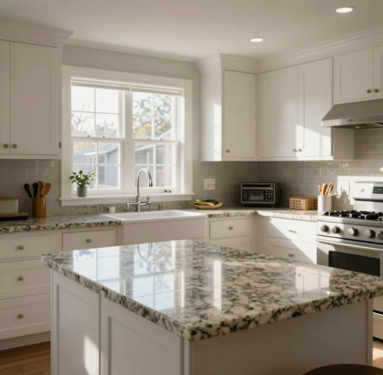 Bright, sunlit New England kitchen after professional cleaning, polished granite countertops, white cabinets, natural daylight pouring through a window, wide angle.