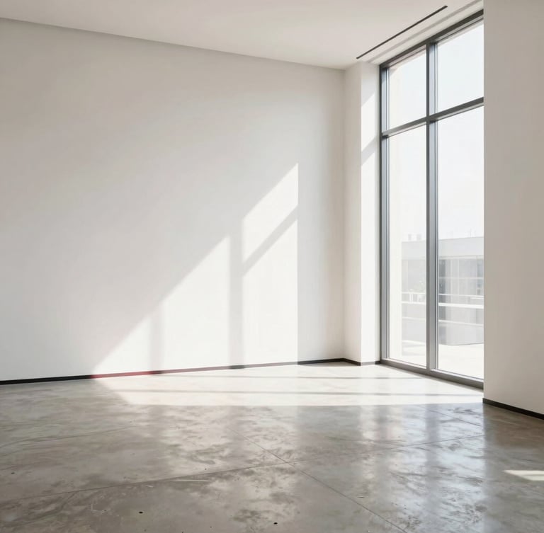 A bright, clean minimalist corporate interior with natural daylight, a polished concrete floor, and a large architectural window on the right third, 35mm photography.