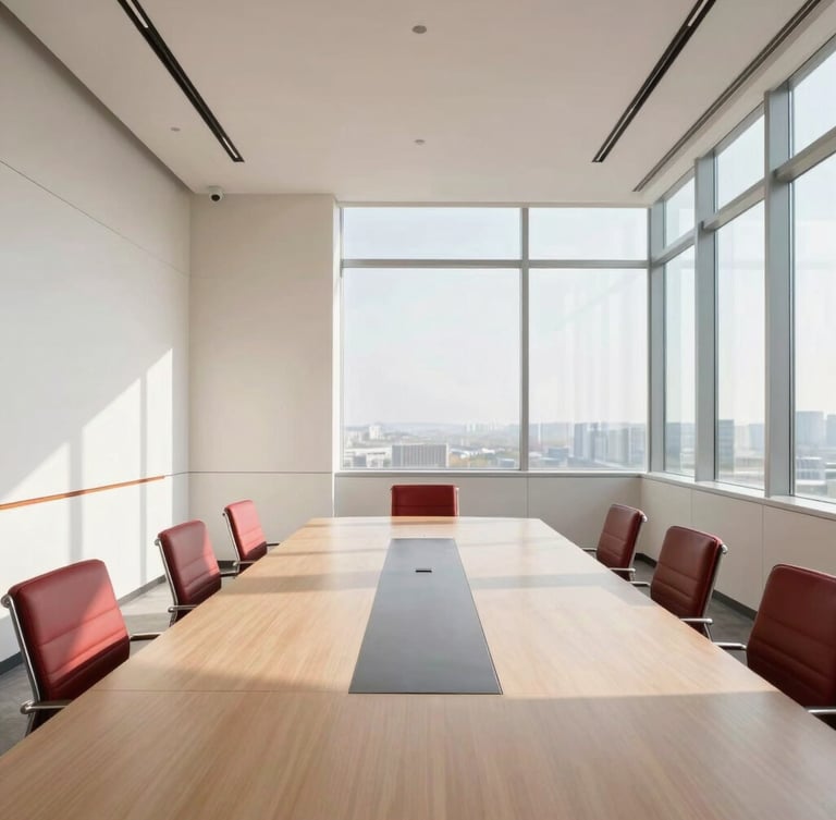 A clean minimalist corporate boardroom interior with warm sunlight streaming through high-end architectural windows, 35mm photography.