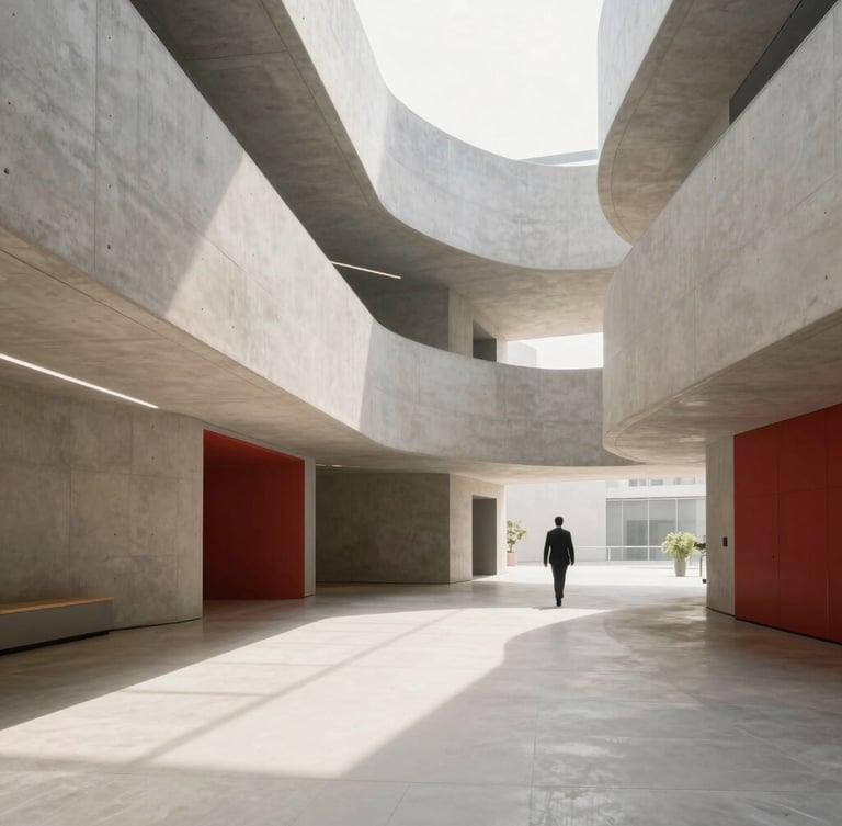 Minimalist architectural corporate atrium with sweeping concrete curves, soft natural daylight, a solitary business leader walking in the distance, 35mm editorial photography.
