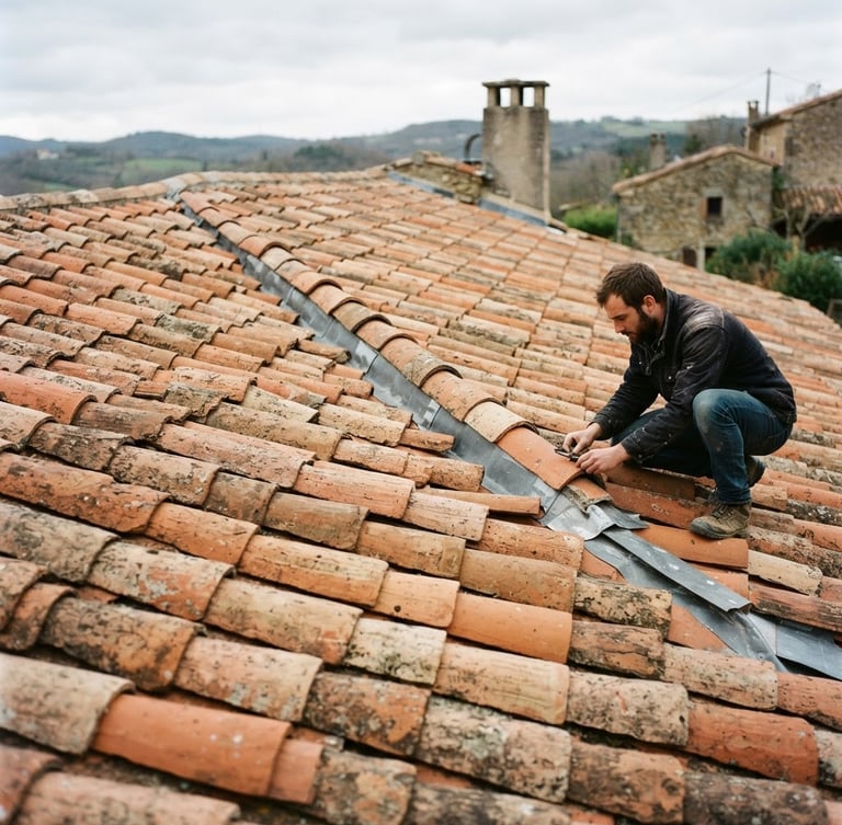 Professional roofer repairing orange terracotta clay tiles on a rustic stone house roof.