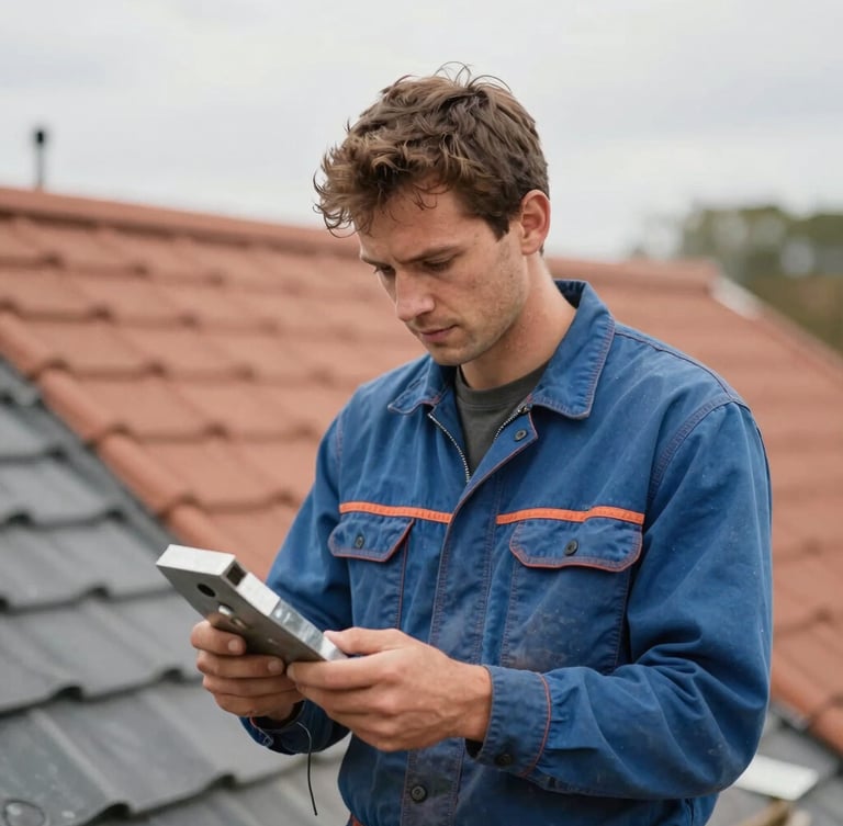Authentic, unposed portrait of Jordan Lafleur, a roofing artisan, wearing workwear, holding zinc-working tools with a focused expression, natural overcast daylight, shallow depth of field, terracotta and slate blue tones.