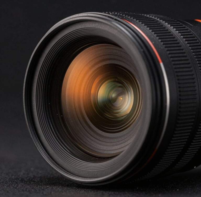 Macro close-up of a high-end camera lens, dramatic studio lighting with sharp orange reflections, dark background