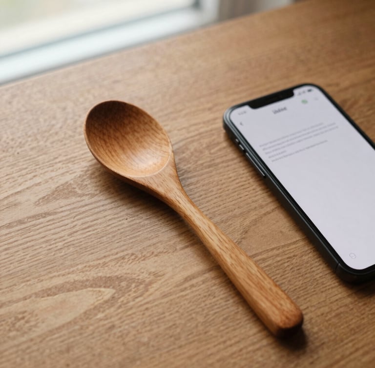 Overhead flatlay of a hand-carved wooden spoon resting on an oak table next to an Android phone showing a minimalist text interface, warm overcast window light, 35mm